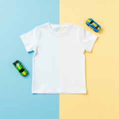 White kids T-Shirt Mockup. Flat Lay, Top View