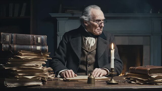Ebenezer Scrooge Reads Documents by Candlelight in Historic Setting