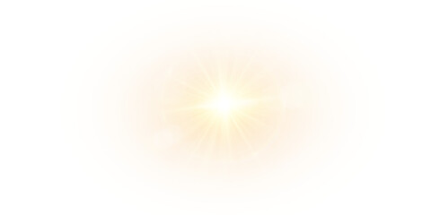 Shining golden sun flare with glowing beams and light sparkle. Radiant daylight glare, warm summer illumination, and bright natural sky background. Vector effect illustration.PNG © kulinskaia