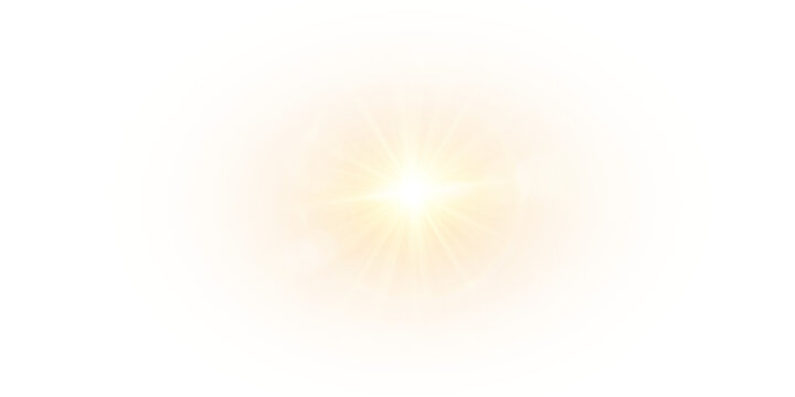 Shining golden sun flare with glowing beams and light sparkle. Radiant daylight glare, warm summer illumination, and bright natural sky background. Vector effect illustration.PNG