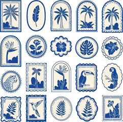 Tropical Folk Art Botanical Frames | Blue Ink Vector Illustration of Exotic Nature, Birds, and Leaves | 16K Decorative Print Design for Adobe Stock and Wall Art