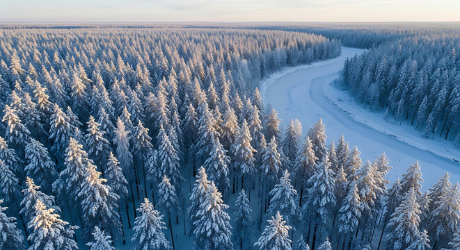 Snow covered forest landscape with a winding river from above
