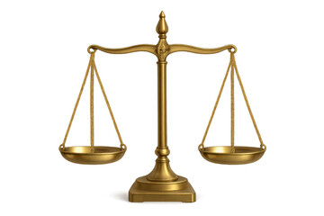Golden scales of justice representing legal balance, judgment, law, and equality, with transparent background