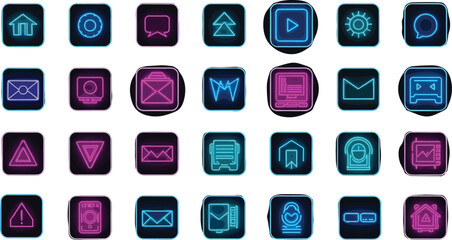 Neon glowing square icon set for mobile app UI, home, chat, upload, media, email, user, settings, vector symbols