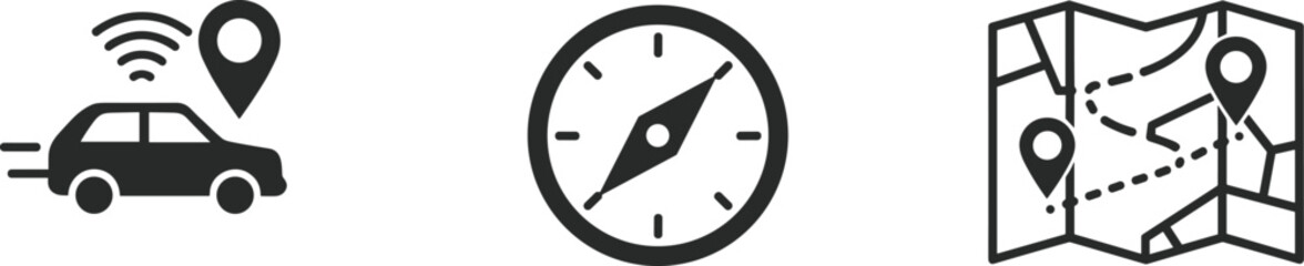 Navigation icon set, GPS car symbol, compass direction graphic, map route illustration, travel location icons, flat vector design elements