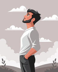 Thoughtful man looking up at the sky. Freedom  concept. Illustration.
