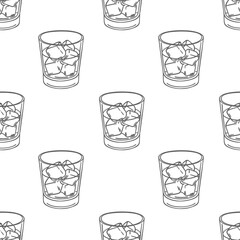 Seamless pattern of hand drawn whiskey glasses with ice cubes. Drinks background.