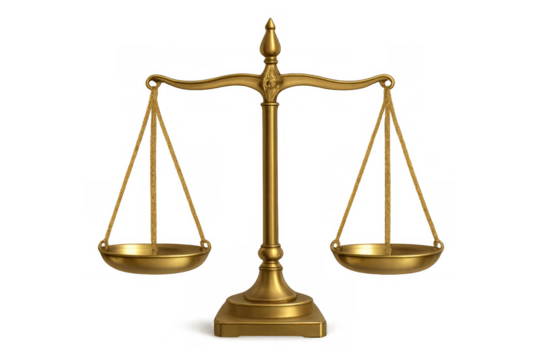 Golden scales of justice representing legal balance, judgment, law, and equality, with transparent background