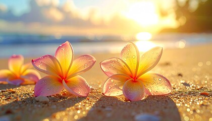 Two delicate pink and yellow plumeria flowers rest on a sandy beach near the ocean at sunrise with sparkling light highlights on petals and warm golden sun flare in the background.