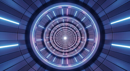 Naklejka premium Futuristic neon tunnel with circular lights and blue glow