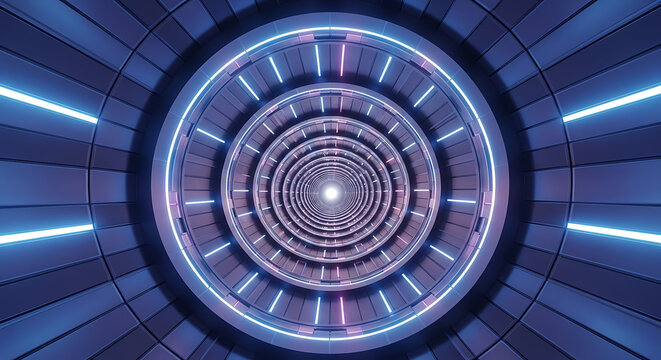 Futuristic neon tunnel with circular lights and blue glow - Powered by Adobe