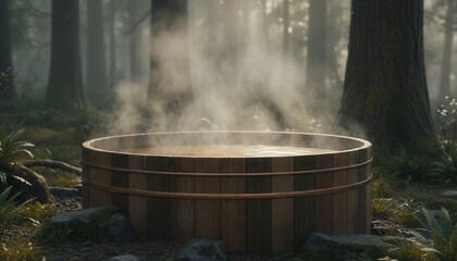 A wooden hot tub steaming in a misty forest. Outdoor spa for relaxation and wellness. Natural hydrotherapy retreat in the woods