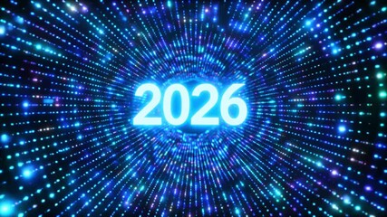 Futuristic 2026 digital background, glowing neon light tunnel, new year celebration concept, technology innovation theme, abstract particle motion backdrop, countdown and event promotion design - Powered by Adobe