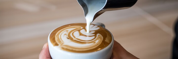 Close up pouring milk into cup of espresso creating latte art