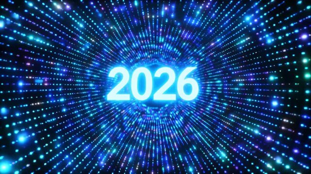 Futuristic 2026 digital background, glowing neon light tunnel, new year celebration concept, technology innovation theme, abstract particle motion backdrop, countdown and event promotion design