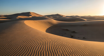 Golden desert sand dunes sculpted by wind under a warm sunset sky