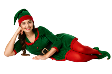 Woman in green elf costume lying down smiling. Fairytale vibe.