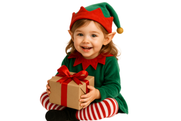 Child in elf outfit with gift box. Festive feeling.