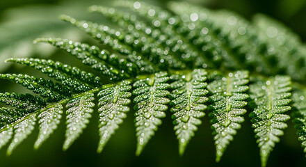 Close up of a vibrant green fern frond with dew drops in soft focus