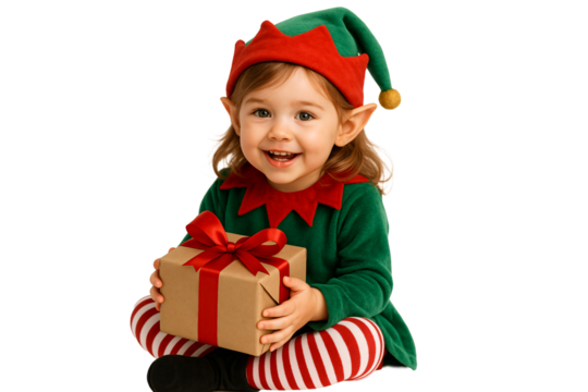 Child in elf outfit with gift box. Festive feeling. - Powered by Adobe