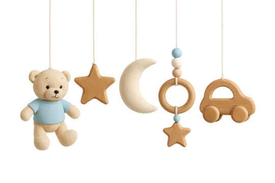 Hanging toys — teddy bear, moon, stars. Gentle holiday decor.