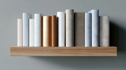 Wooden shelf with a row of books on it. the books are arranged in a neat and orderly manner, with each book having a different color and texture.