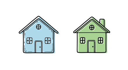 Simple hand drawn illustration of two colorful little houses with chimneys
