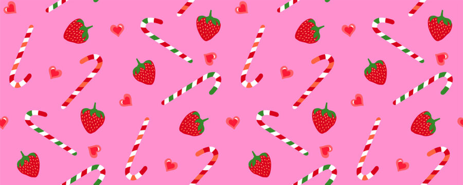Seasonal holiday design for Valentines day or Christmas.  Seamless pattern of strawberries, festive candy canes, and cute small hearts,  a playful, sweet, and cheerful theme on a pink background. 