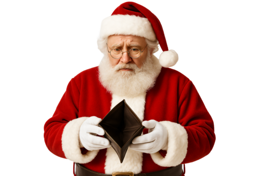 Santa looking into empty wallet. Funny holiday scene.