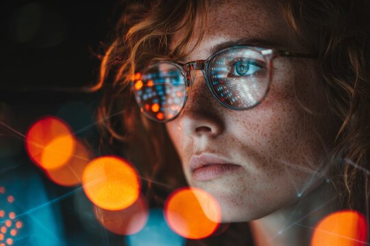 Stylish programmer decoding visual data in today's work world. Futuristic system. Vibrant tech space envelops curly-haired programmer. Ai web. Technological mesh.