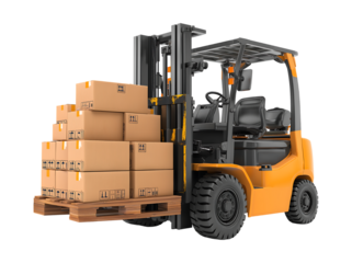 Yellow Forklift Truck Transporting Stacked Cardboard Boxes on a Pallet isolated on a transparent background