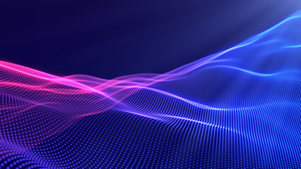 Abstract gradient particle waves flowing with soft light and bokeh. Fuchsia and blue digital waves. Technology, engineering, science, and artificial intelligence background.