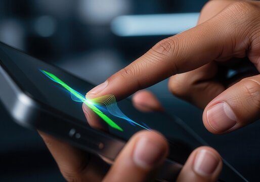 Finger touching a glowing waveform on a smartphone screen. Futuristic user interface with biometric data visualization. Digital technology and security concept