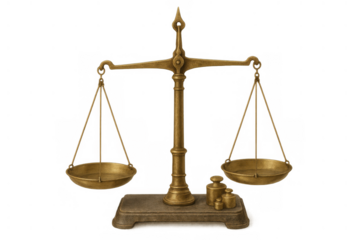 Antique brass scales of justice representing law, balance, equality, truth, and judgment with weighing weights