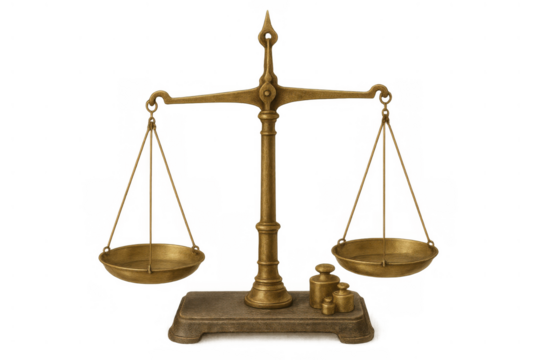 Antique brass scales of justice representing law, balance, equality, truth, and judgment with weighing weights