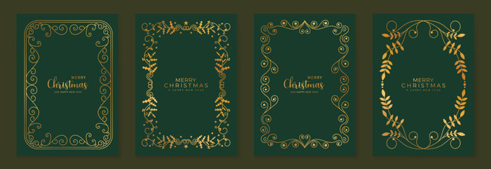 Elegant gold floral Christmas card set on emerald green background for festive invitation and new year event