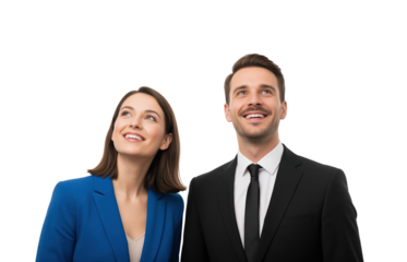 A woman and a man look upward with optimistic expressions, suitable for announcement headers, milestone updates, service launches, corporate communications and event-reveal newsletters.