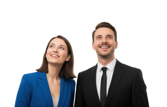 A woman and a man look upward with optimistic expressions, suitable for announcement headers, milestone updates, service launches, corporate communications and event-reveal newsletters.