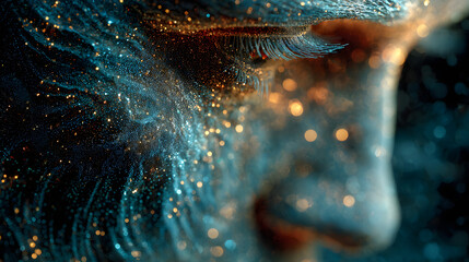 Abstract digital profile of a human face made of light particles and data streams, symbolizing consciousness, and advanced technology.