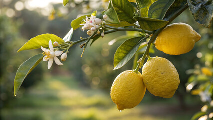 Lemon hanging tree with lemon flower in garden in natural warm sunlight background