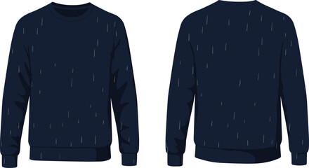 Navy blue sweatshirt, vertical white lines, crew neck, fashion sketch, front and back view, minimalist style, apparel design, vector illustration