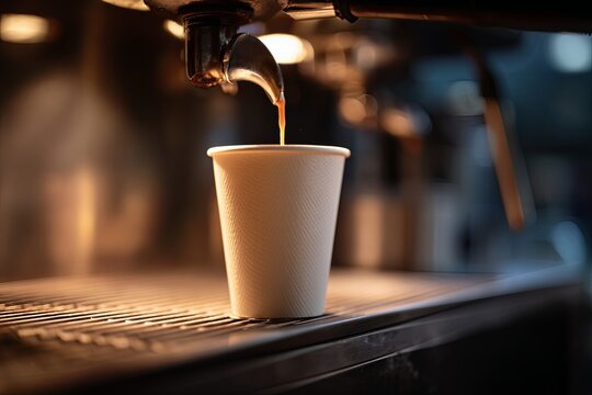 Espresso liquid streams into a disposable cup situated on professional beverage preparation equipment