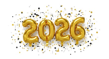 Golden 2026 balloons with confetti isolated on white background