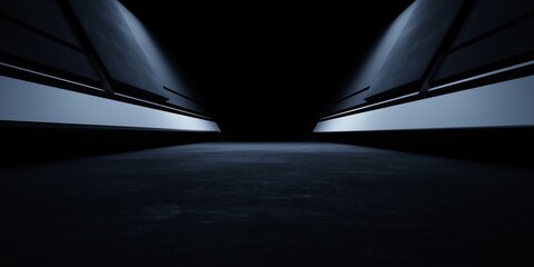 3d rendering of white neon glowing spaceship corridor hallway dark background. Scene for advertising, showroom, technology, future, modern, E sport, game, garage. Sci Fi Illustration. Product display