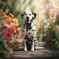 A Beautiful Dalmatian Dog Sitting on A Wooden Patio With Flowers (Generative Ai)