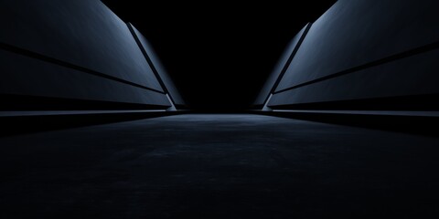 3d rendering of white neon glowing spaceship corridor hallway dark background. Scene for advertising, showroom, technology, future, modern, E sport, game, garage. Sci Fi Illustration. Product display