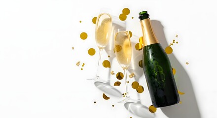 Champagne bottle and two glasses with gold confetti isolated on white background