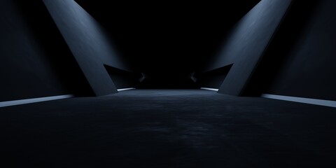 3d rendering of white neon glowing spaceship corridor hallway dark background. Scene for advertising, showroom, technology, future, modern, E sport, game, garage. Sci Fi Illustration. Product display