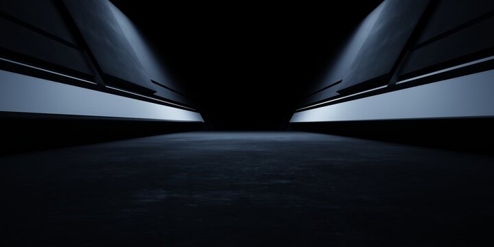 3d rendering of white neon glowing spaceship corridor hallway dark background. Scene for advertising, showroom, technology, future, modern, E sport, game, garage. Sci Fi Illustration. Product display