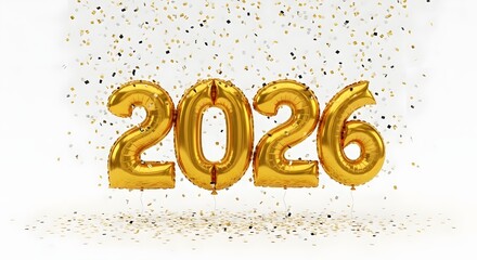 Golden balloons forming the year 2026, isolated on white background
